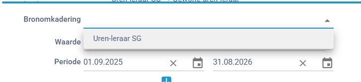 Bronomkadering 
Waarde 
Uren-leraar SG 
Periode 01.09.2025 
X 
31.08.2026 
X 