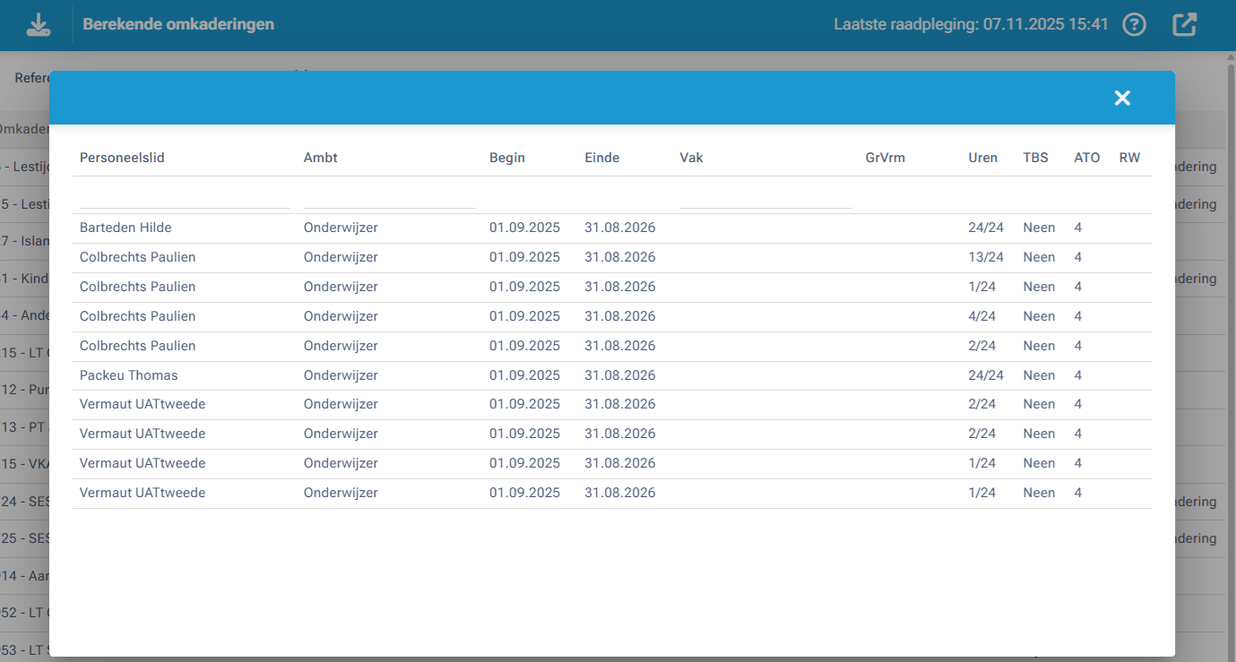 Berekende omkaderingen Laatste raadpleging: 07.11.2025 15:41 Refer × mkader - Lestij Personeelslid Ambt Begin Einde Vak GrVrm Uren TBS ATO RW dering 5 - Lesti Idering 7 - Islan Barteden Hilde Onderwijzer 01.09.2025 31.08.2026 24/24 Neen 4 Colbrechts Paulien Onderwijzer 01.09.2025 31.08.2026 13/24 Neen 4 1 - Kind Colbrechts Paulien Onderwijzer 01.09.2025 31.08.2026 1/24 Neen 4 dering 4 - Ande Colbrechts Paulien Onderwijzer 01.09.2025 31.08.2026 4/24 Neen 4 15 - LT Colbrechts Paulien Onderwijzer 01.09.2025 31.08.2026 2/24 Neen 4 Packeu Thomas Onderwijzer 01.09.2025 31.08.2026 24/24 Neen 4 12 - Pur Vermaut UATtweede Onderwijzer 01.09.2025 31.08.2026 2/24 Neen 4 13 - PT Vermaut UATtweede Onderwijzer 01.09.2025 31.08.2026 2/24 Neen 4 15 - VK Vermaut UATtweede Onderwijzer 01.09.2025 31.08.2026 1/24 Neen 4 24 - SES Vermaut UATtweede Onderwijzer 01.09.2025 31.08.2026 1/24 Neen 4 dering 25 - SES dering 14 - Aar 52 - LT 53 -LT 