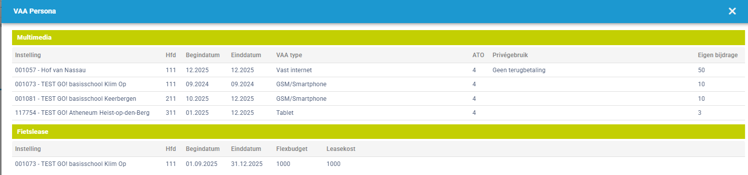 VAA Persona x Multimedia Instelling Hfd Begindatum Einddatum VAA type ATO Privégebruik Eigen bijdrage 001057 - Hof van Nassau 111 12.2025 12.2025 Vast internet 4 Geen terugbetaling 50 001073 - TEST GO! basisschool Klim Op 111 09.2024 09.2024 GSM/Smartphone 4 10 001081 - TEST GO! basisschool Keerbergen 211 10.2025 12.2025 GSM/Smartphone 4 10 117754 - TEST GO! Atheneum Heist-op-den-Berg 311 01.2025 12.2025 Tablet 4 3 Fietslease Instelling Hfd Begindatum Einddatum Flexbudget Leasekost 001073 - TEST GO! basisschool Klim Op 111 01.09.2025 31.12.2025 1000 1000 