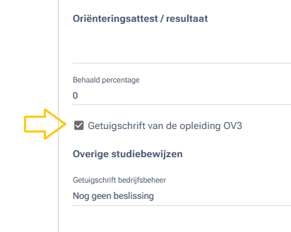 Oriënteringsattest / resultaat 
Behaald percentage 
0 
Getuigschrift van de opleiding OV3 
Overige studiebewijzen 
Getuigschrift bedrijfsbeheer 
Nog geen beslissing 