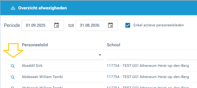 Overzicht afwezigheden 
Periode 
01.09.2025 
tot 
31.08.2026 
Enkel actieve personeelsleden 
Personeelslid 
School 
a 
Abaddif Dirk 
117754 - TEST GO! Atheneum Heist-op-den-Berg 
Q 
Abdessati William Tambi 
117754 - TEST GO! Atheneum Heist-op-den-Berg 
117764 TEST COL Nhangum Uniet an con Dary 