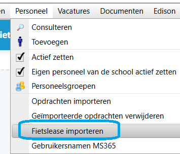 n Personeel Vacatures Documenten Edison Consulteren iet Toevoegen Actief zetten Eigen personeel van de school actief zetten Personeelsgroepen Opdrachten importeren Geïmporteerde opdrachten verwijderen Fietslease importeren Gebruikersnamen MS365 